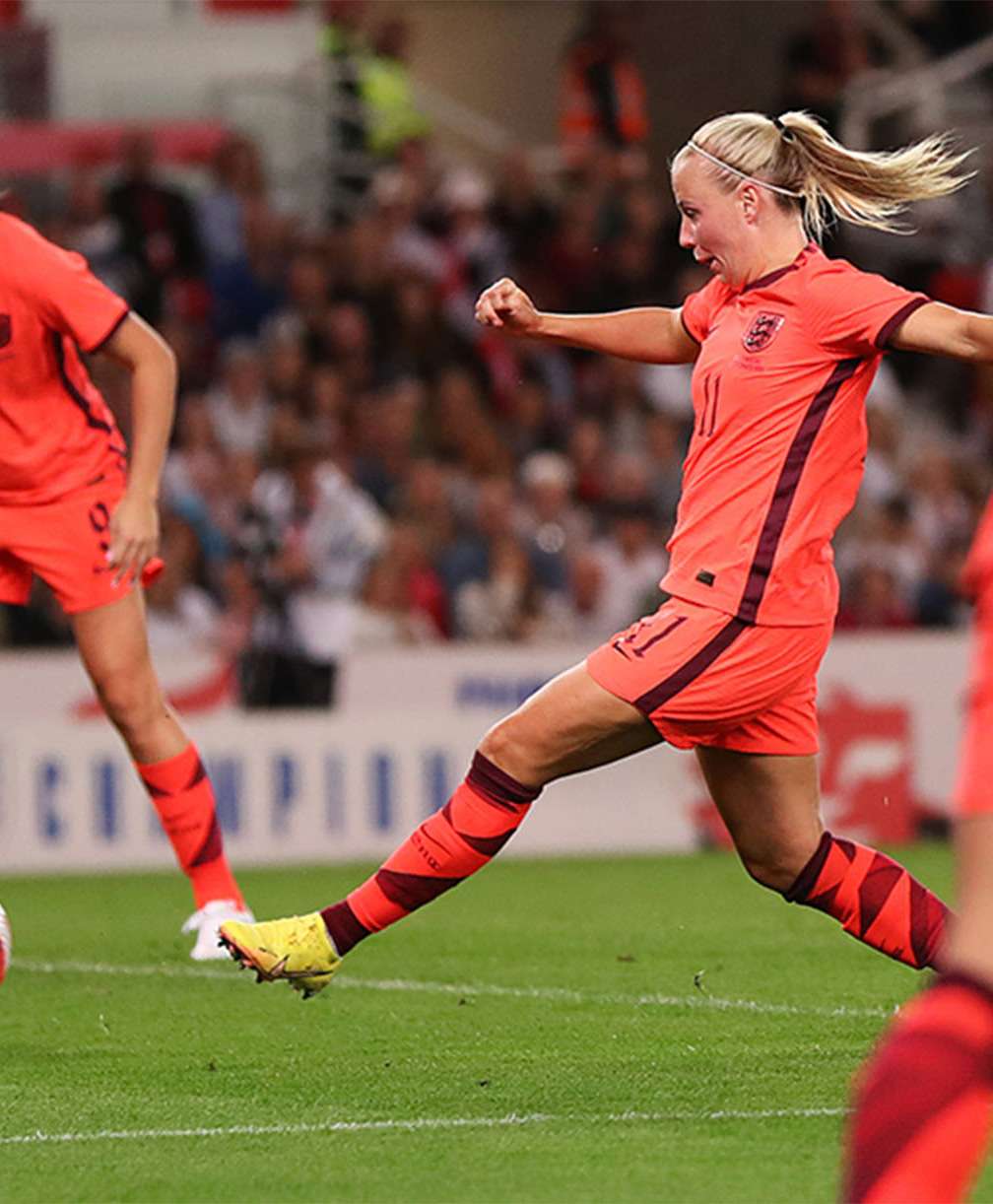 England's Beth Mead shoots from inside the six-yard box, with the inside of her left foot, and scores against Luxembourg.