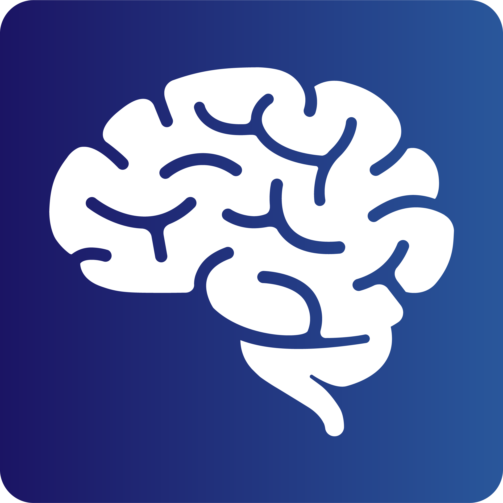Icon for the Warfighter Brain Health Provider Toolkit app, it is a blue square with a lateral view of an illustrated brain shape in the middle.