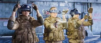 Three soldiers in futuristic gear with digital goggles and armed vests gesture towards a holographic interface