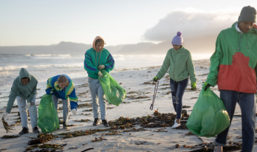 A group of five young volunteers cleaning a beach.