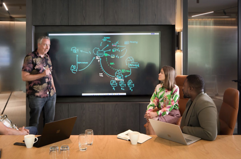 A person stands by a Surface Hub showing a whiteboard as a three others are seating nearby engaging in conversation