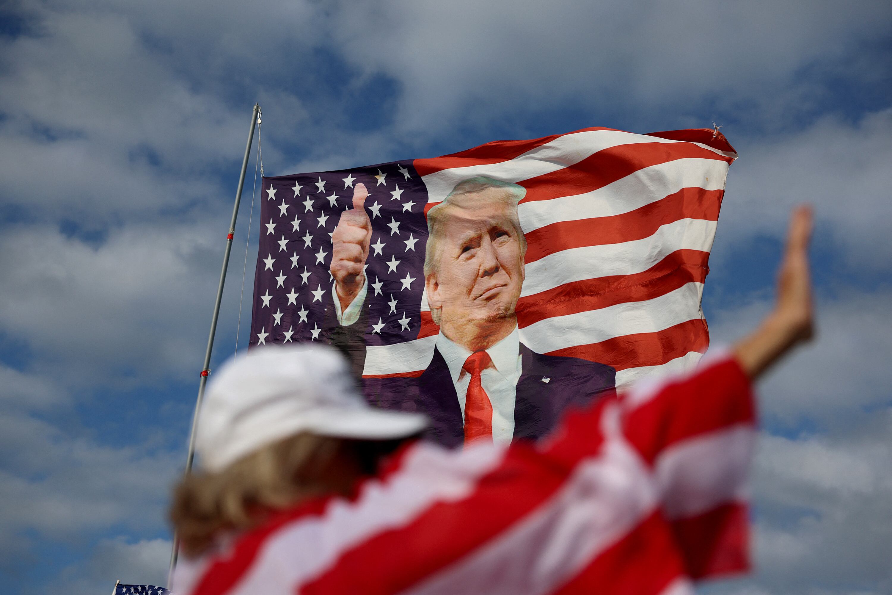 A flag featuring former President Donald Trump that supporters are flying near his Mar-a-Lago home on March 20, 2023 in Palm Beach, Florida.