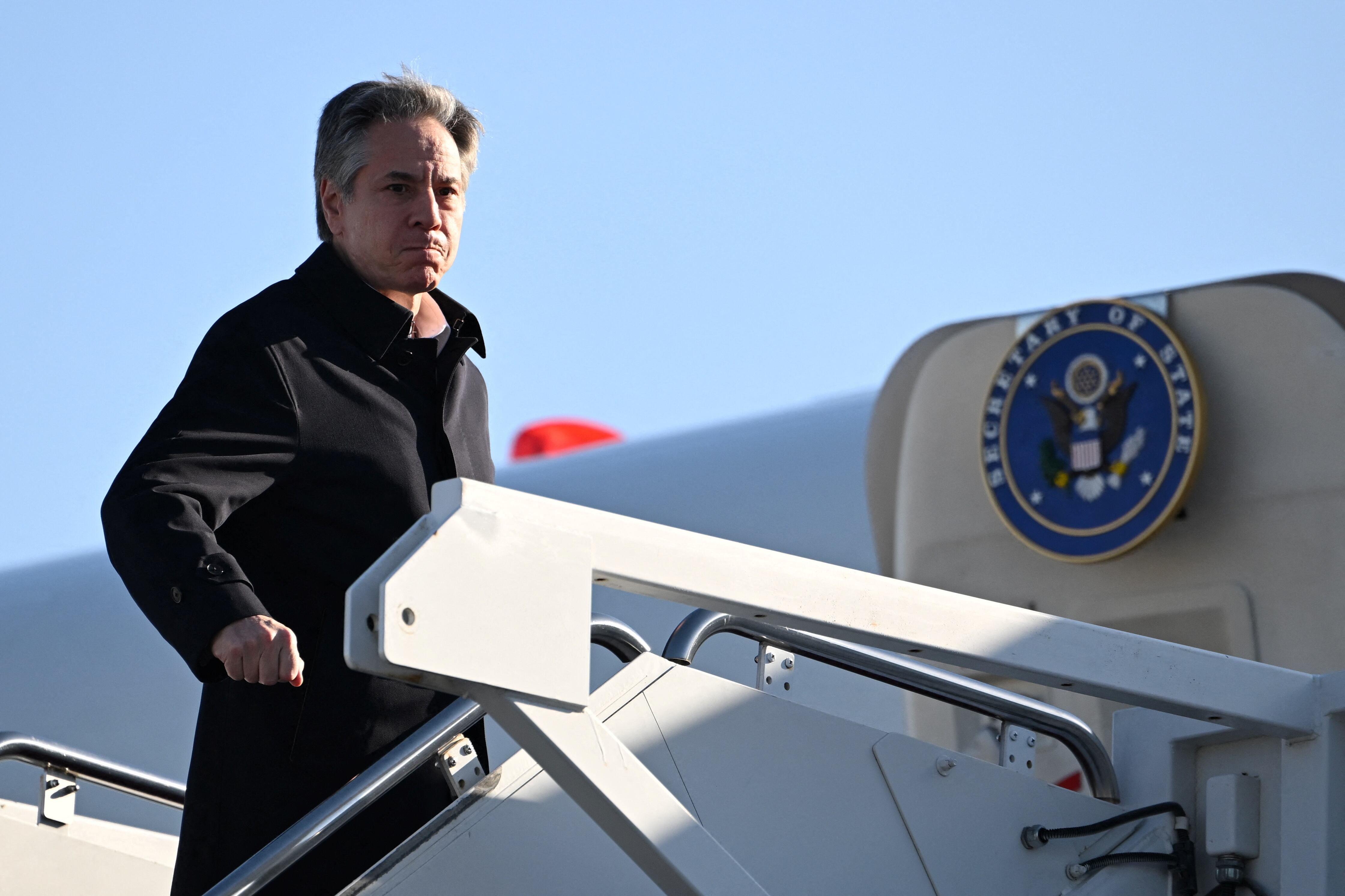 U.S. Secretary of State Antony Blinken boards a plane at Joint Base Andrews, Maryland, U.S. on March 11, 2024, en route to Kingston, Jamaica, for emergency talks with Caribbean leaders on Haiti's crisis.