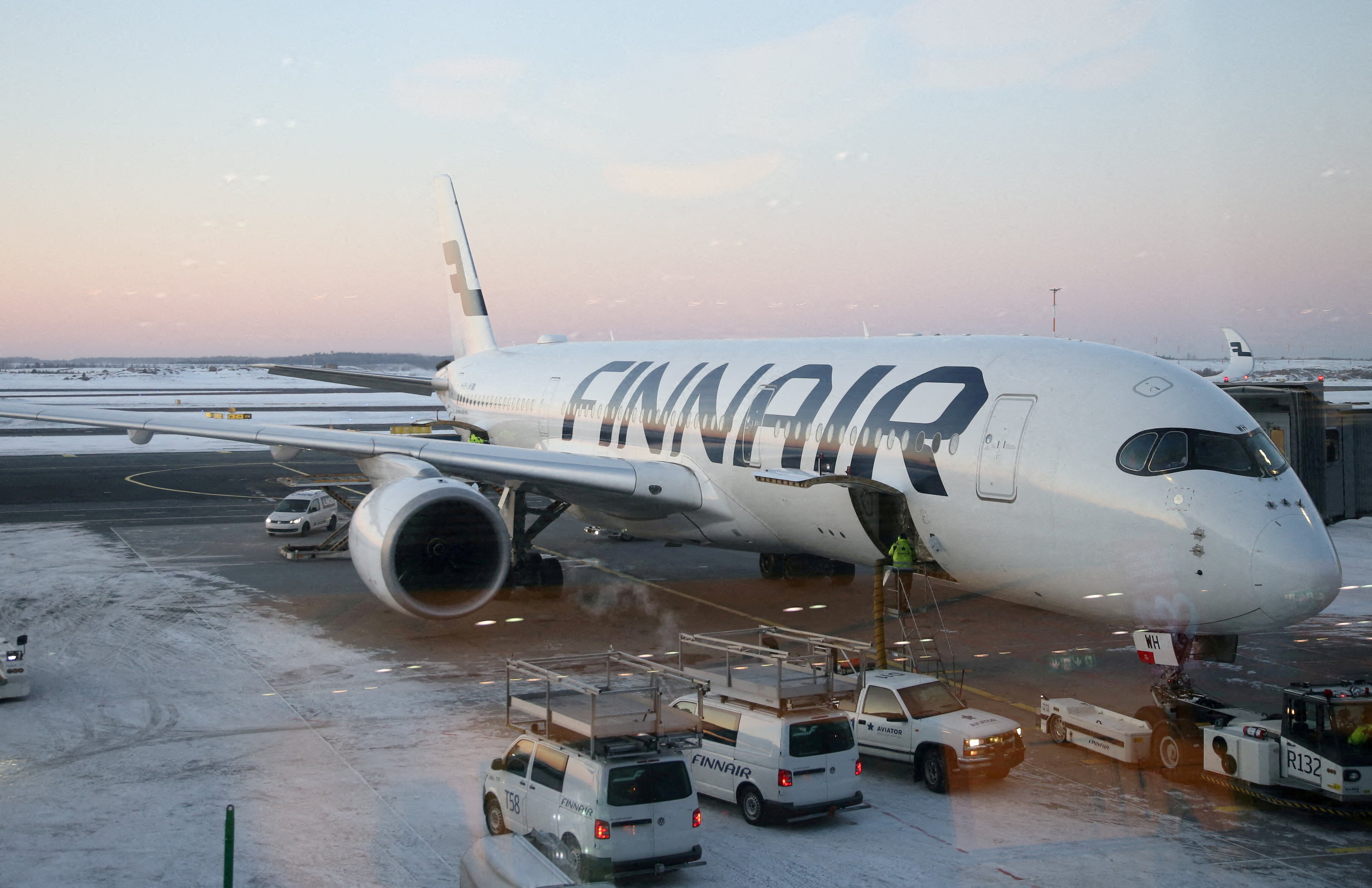 A Finnair plane at Helsinki airport in February.