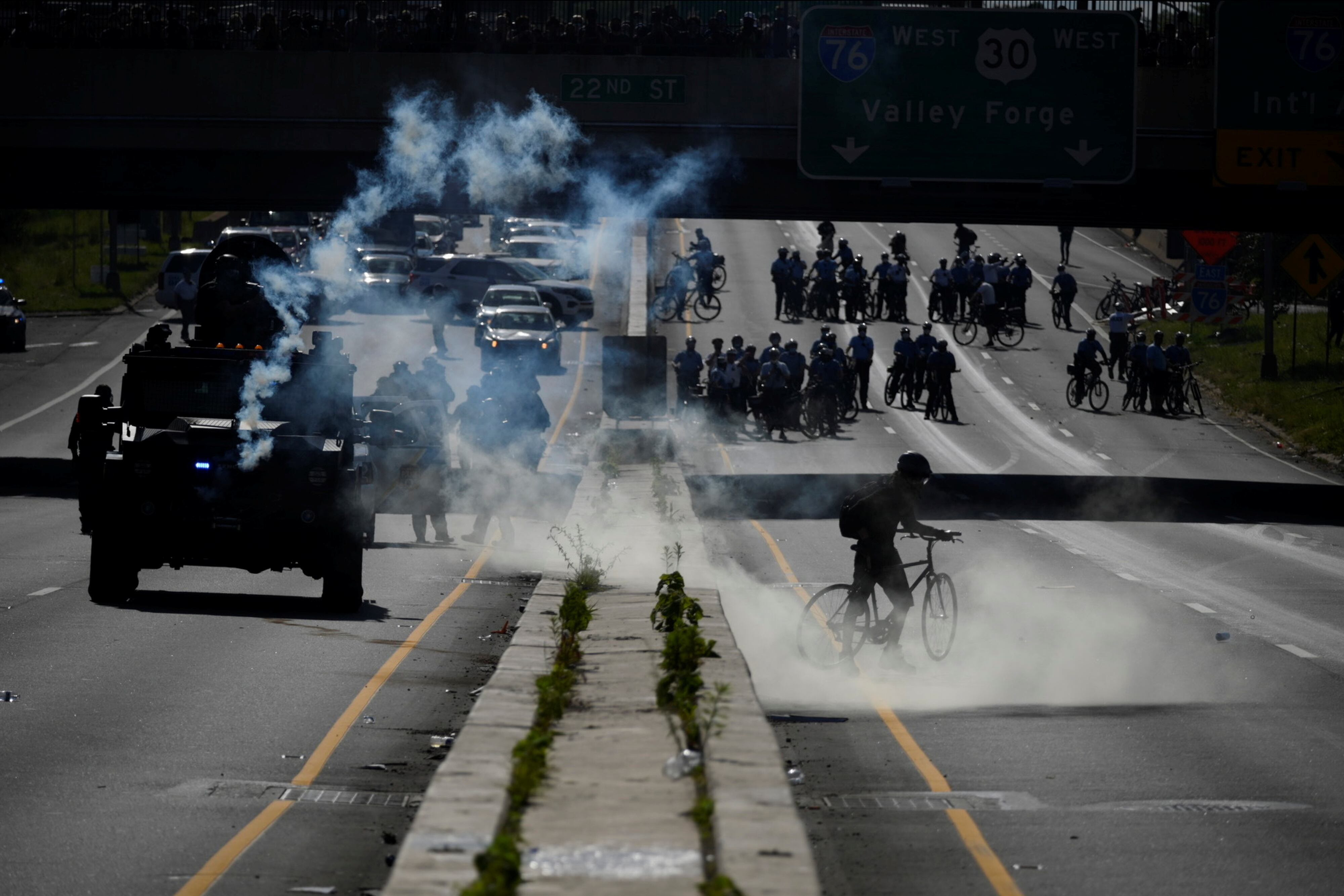 Law enforcement deploys tear gas and smoke canisters during a rally against the death in Minneapolis police custody of George Floyd, in Philadelphia, Pennsylvania, on June 1, 2020.