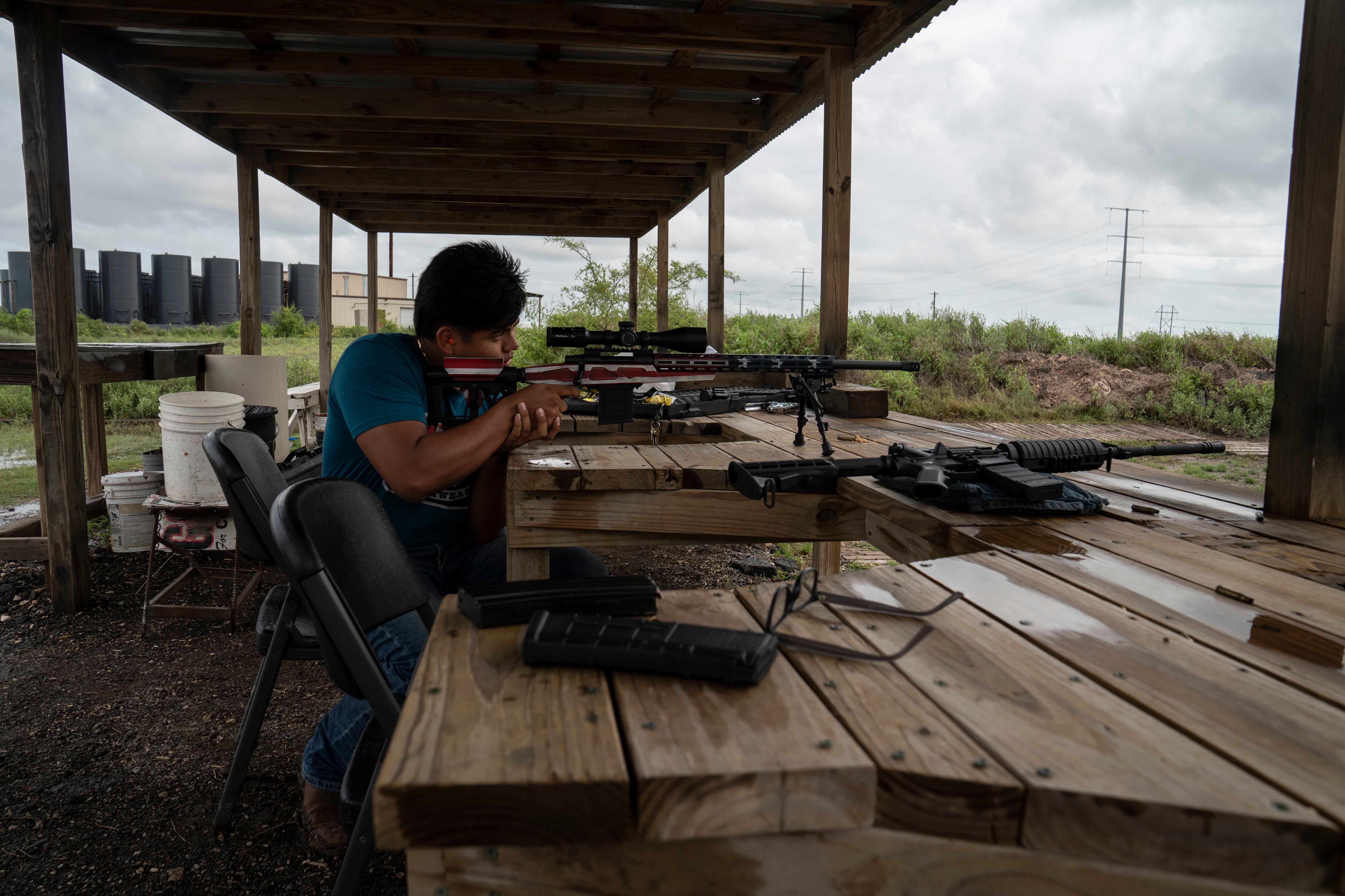 Harry Guevara practices at a shooting range in Los Fresnos, Texas on June 22, 2024.