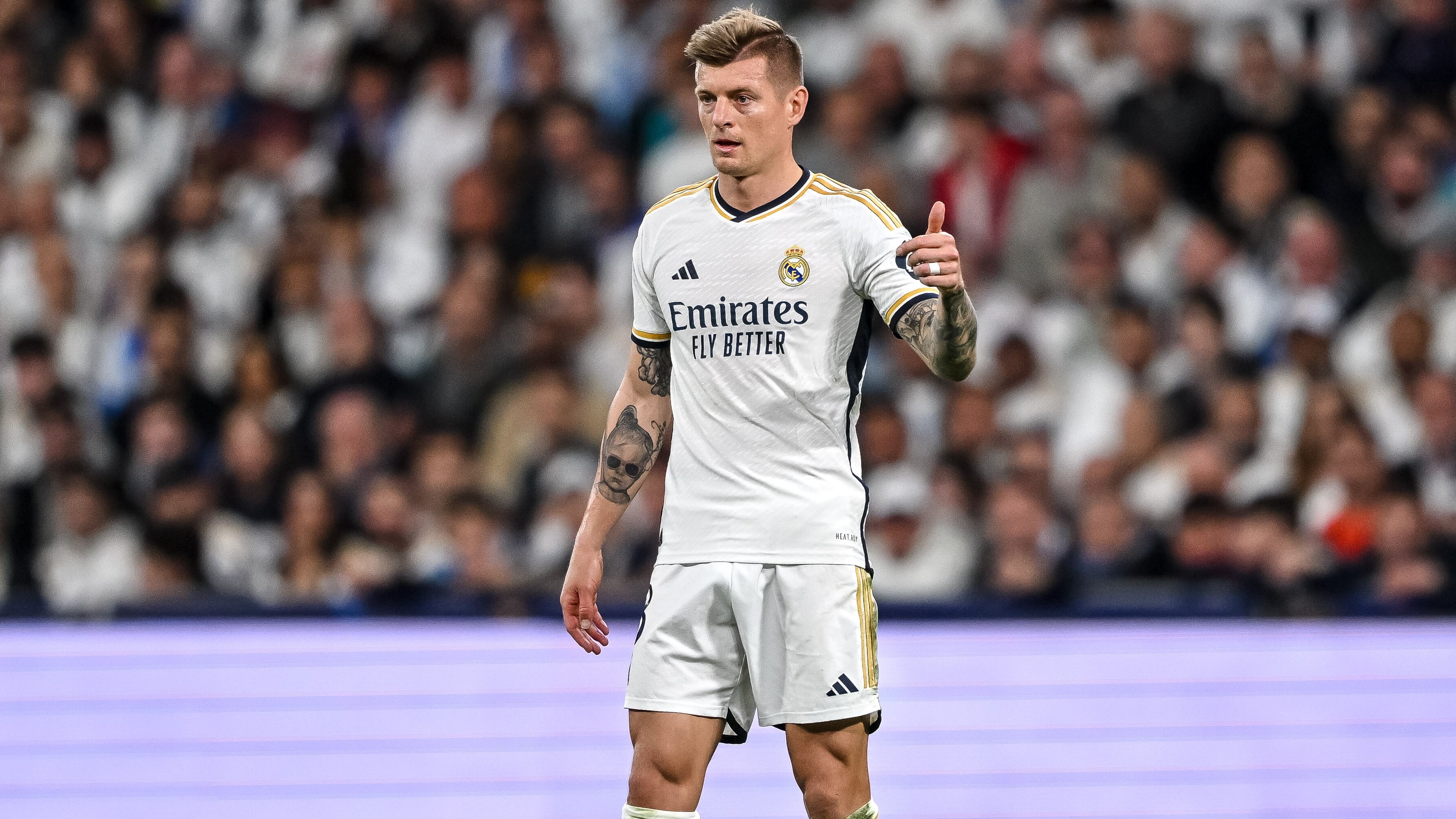 MADRID, SPAIN - APRIL 9: Toni Kroos of Real Madrid CF gestures during the UEFA Champions League quarter-final first leg match between Real Madrid CF and Manchester City at Estadio Santiago Bernabeu on April 9, 2024 in Madrid, Spain. (Photo by Harry Langer/DeFodi Images via Getty Images)
