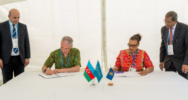 The Commonwealth Secretary-General, Rt Hon Patricia Scotland KC, and Mukhtar Babayev, COP29 President-Designate and Minister of Ecology and Natural Resources, Government of Azerbaijan, signing the joint declaration and MoU 53rd Pacific Islands Forum Leaders Meeting in Tonga