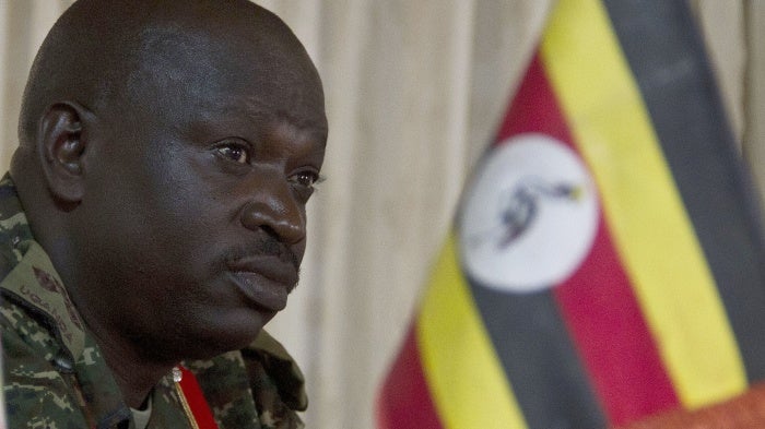 Then-Brig. Gen. Peter Elwelu of Uganda Peoples’ Defence Forces gives an interview at Mbarara military base, Uganda, on February 7, 2014.