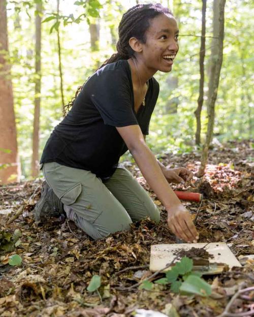 student digging in the woods