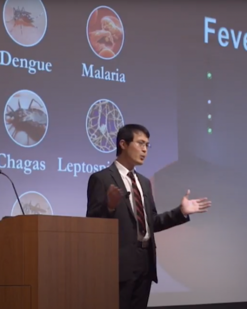 Person speaking at a podium in front of a screen illuminated with a scientific image