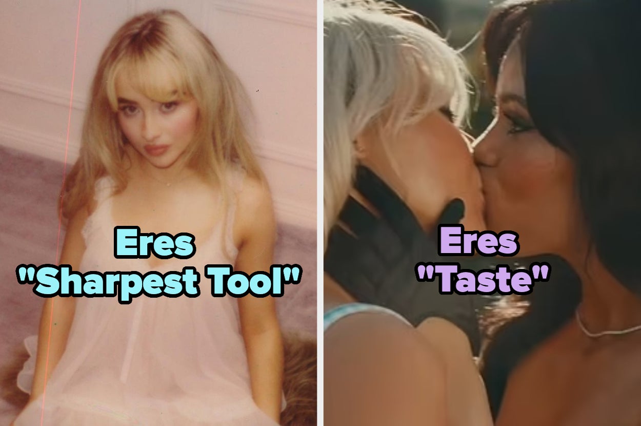 Imagen dividida en dos partes. A la izquierda, una persona con vestido claro y el texto "Eres 'Sharpest Tool'". A la derecha, dos personas besándose con el texto "Eres 'Taste'"