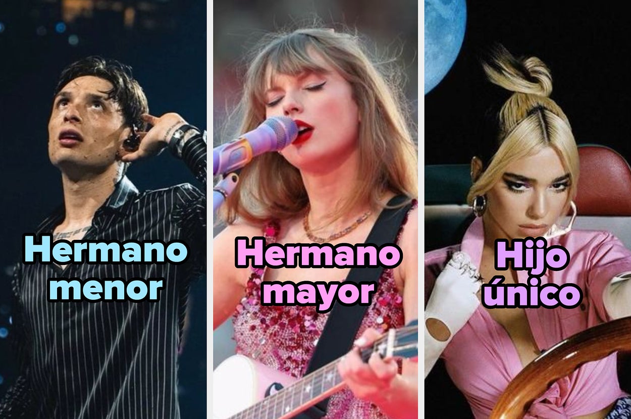 Ezra Miller actuando, Taylor Swift sonriendo en vestido brillante, y Dua Lipa posando en un coche. Texto: "Hermano menor, Hermano mayor, Hijo único"