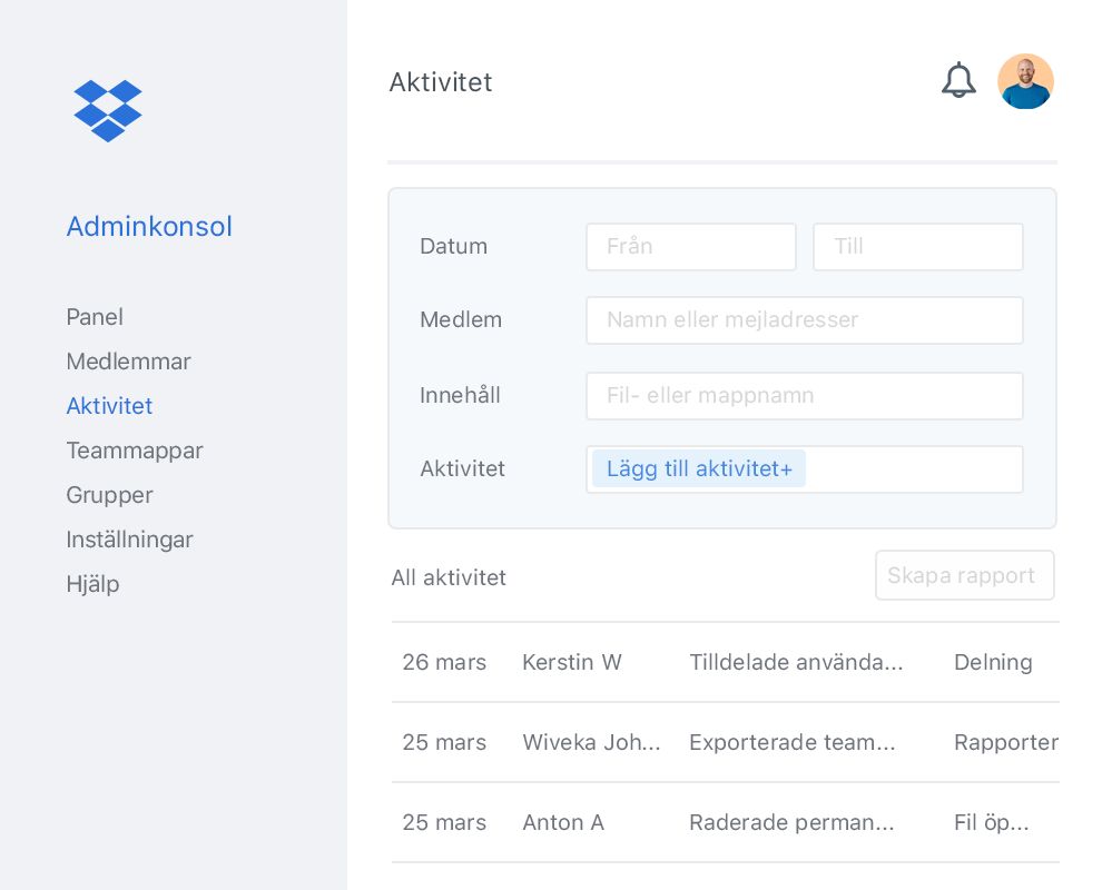 Dropbox-adminkonsol med en exempellista över samarbetsaktivitet inom ett Dropbox-team.