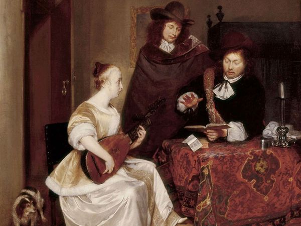 Woman Playing a Theorbo to Two Men, oil on canvas by Gerard Terborch, 1667-1668. (Baroque Art)