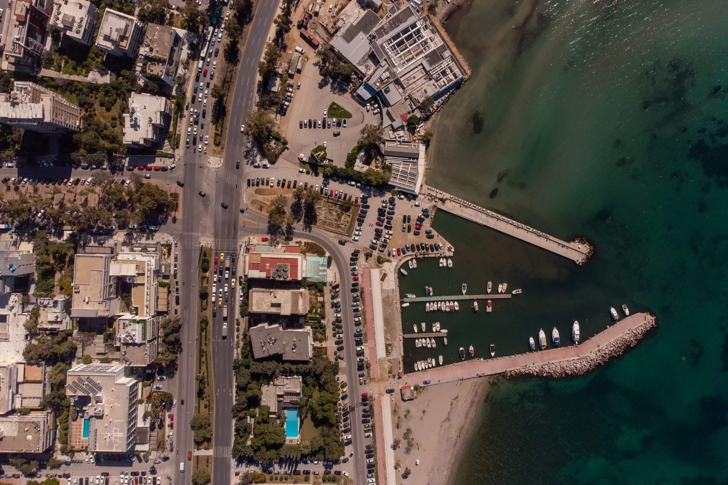 An aerial view of the coastline at Glyfada suburb, near Athens, Greece