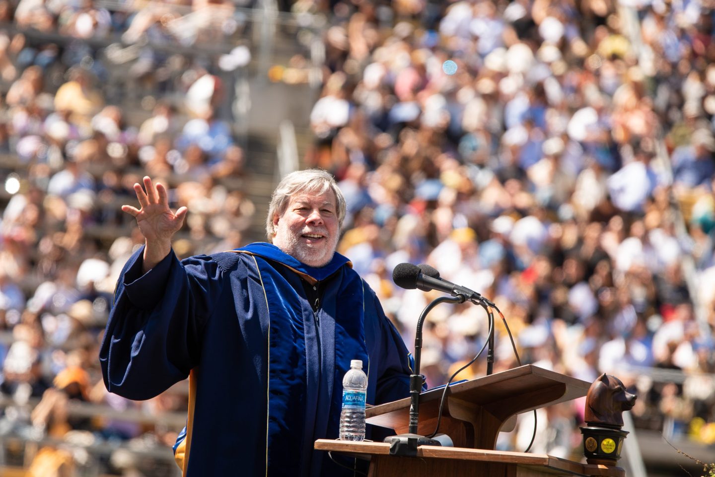 Steve Wozniak addressing students as the keynote speaker at the University of California, Berkeley's commencement ceremony on May 13, 2023.