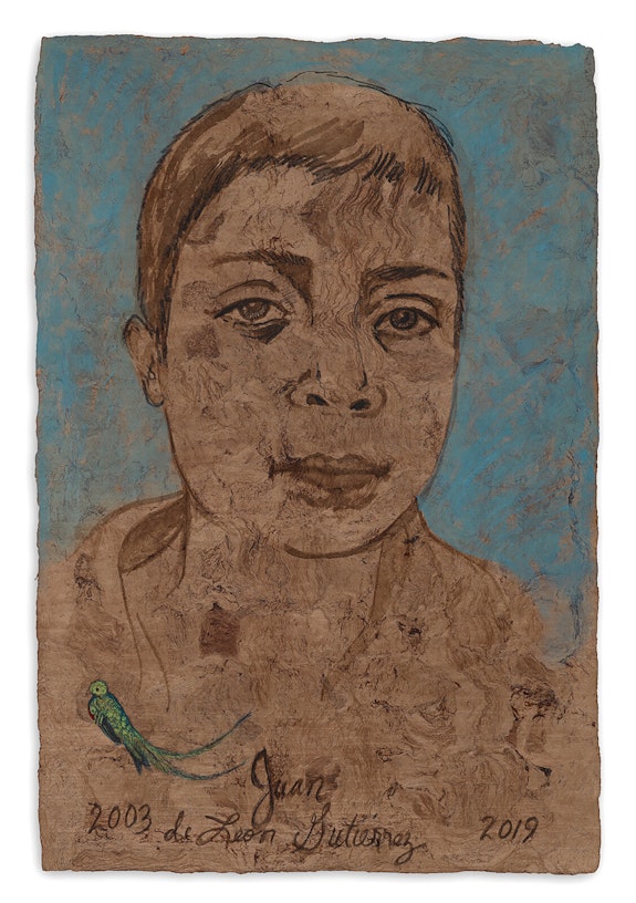 Sandy Rodriguez, <em>Juan de León Gutiérrez (age 16)</em>, 2019. Hand-processed watercolor on amate paper. Collection of Kaiser Permanente Bernard J. Tyson School of Medicine. Courtesy the artist and Cantor Arts Center at Stanford University.