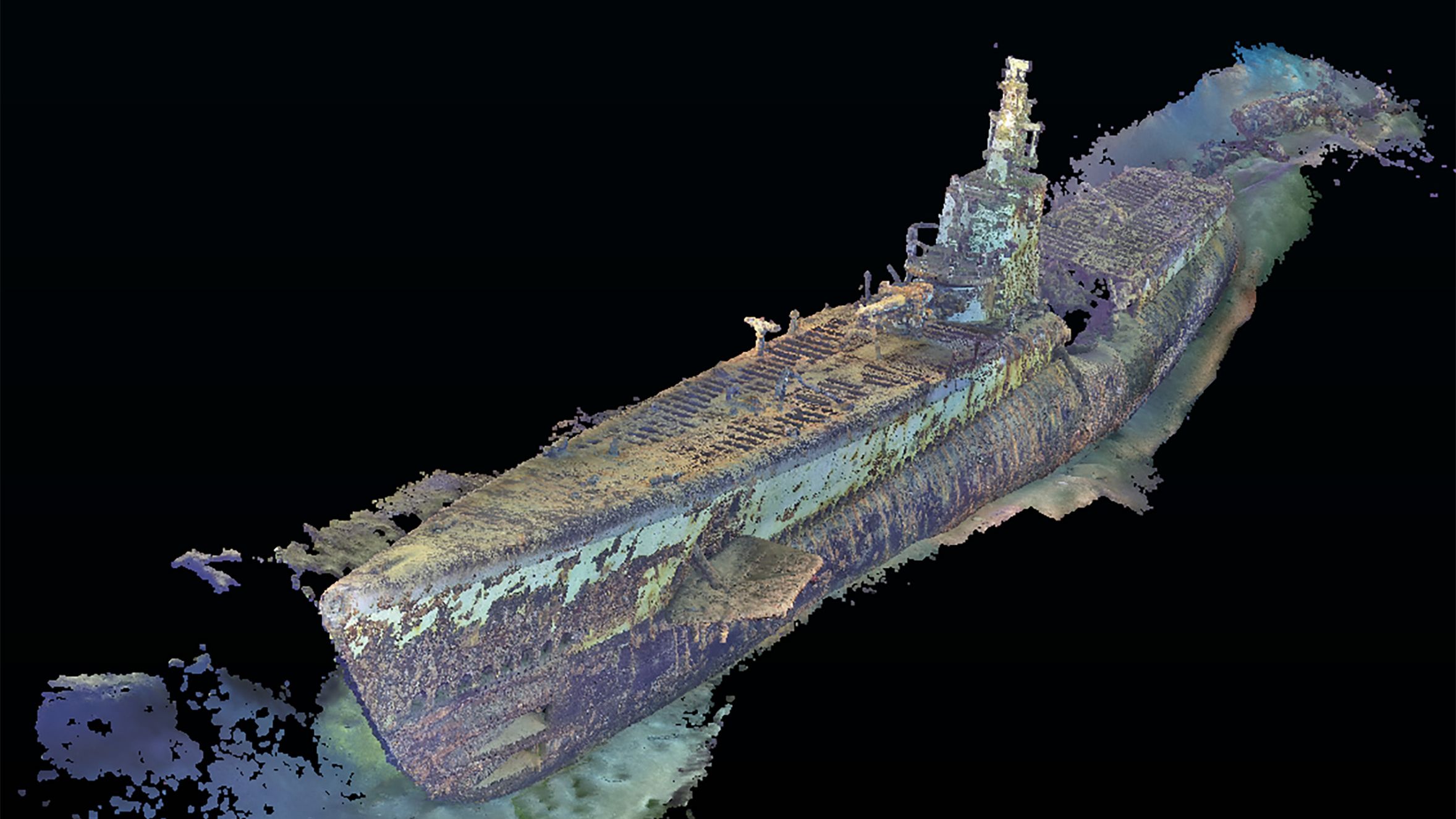4D photogrammetry model of USS Harder (SS 257) wreck site by The Lost 52. The Lost 52 Project scanned the entire boat and stitched all the images together in a multi-dimensional model used to study and explore the site.