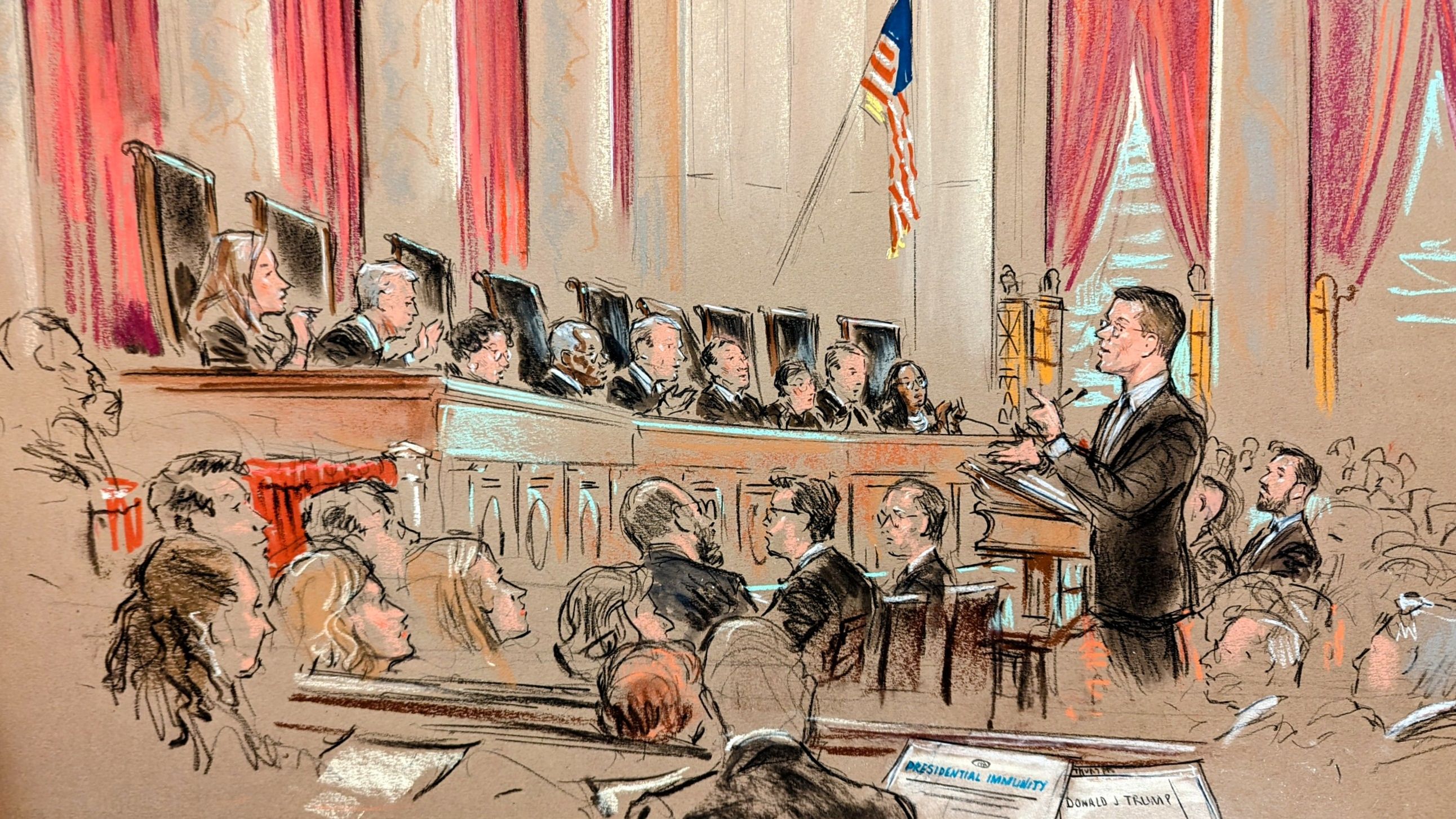 In this sketch from court, D. John Sauer argues before the US Supreme Court over whether former President Donald Trump is immune from criminal prosecution in Washington, DC, on Thursday, April 25, 2024. 
