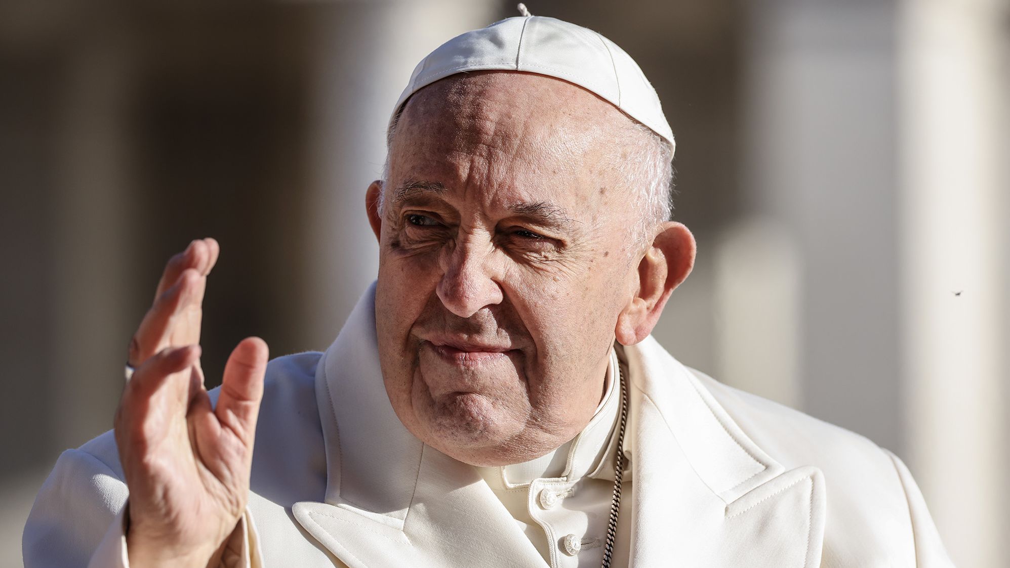 Pope Francis waves as he arrives on his popemobile to lead his weekly audience in St. Peter's Square at the Vatican, on Wednesday, March 29, 2023. Francis was hospitalized with a pulmonary infection after having difficulty breathing and will remain in treatment for several days, the Vatican said. Photographer: Alessia Pierdomenico/Bloomberg via Getty Images