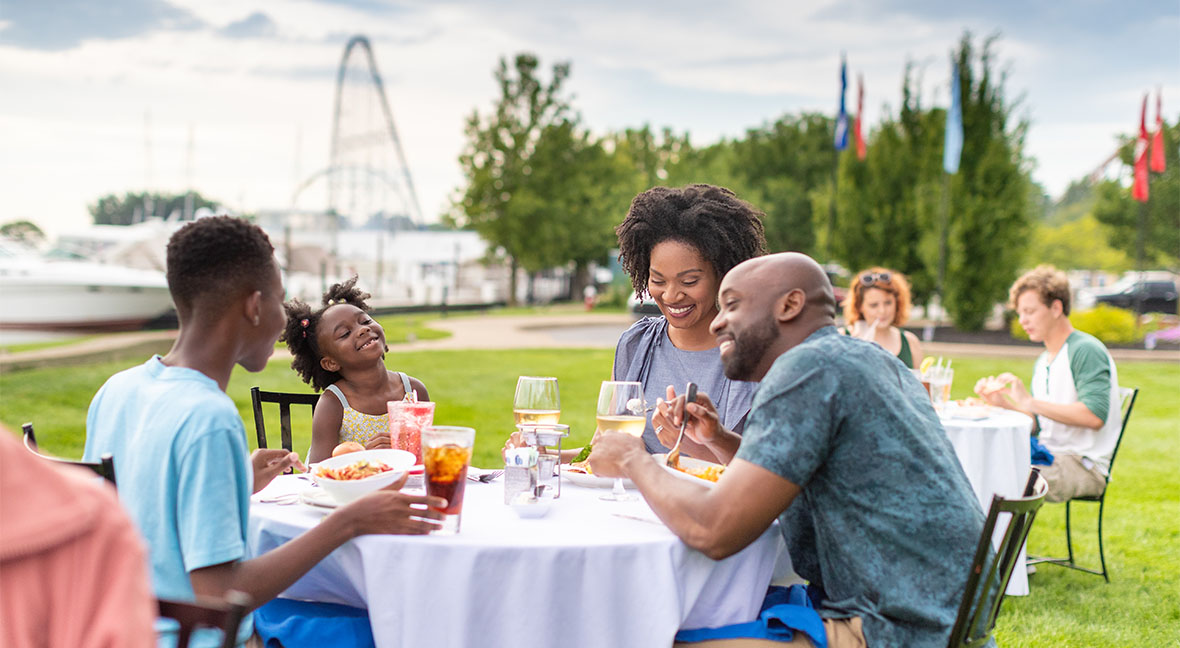 Families dining at the Cedar Point Marina