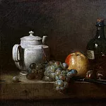 Белый чайник с виноградом, яблоком, каштанами, ножом и бутылкой, Жан-Батист Симеон Шарден