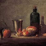 Натюрморт с померанцем, серебряным кубком, яблоками, грушей и двумя бутылками, Жан-Батист Симеон Шарден