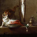 Кошка с куском лосося, две макрели, ступка и пестик, Жан-Батист Симеон Шарден