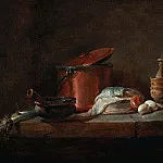 Кухонная утварь с луком, рыбой и яйцами, Жан-Батист Симеон Шарден