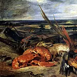 DELACROIT EUGENE – Still life with lobster and hunting and fishing trophies, Louvre (Paris)