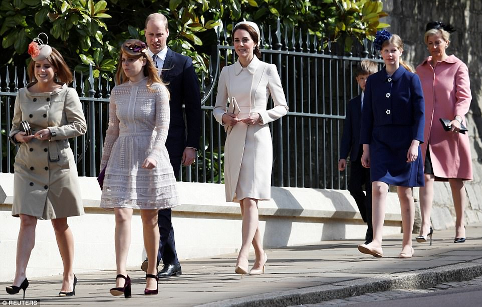 From left to right, Princess Eugenie, Princess Beatrice, the Duke and Duchess of Cambridge, Sophie the Countess of Wessex and her children, Lady Louise Windsor and James, Viscount Severn, walked to the chapel on foot