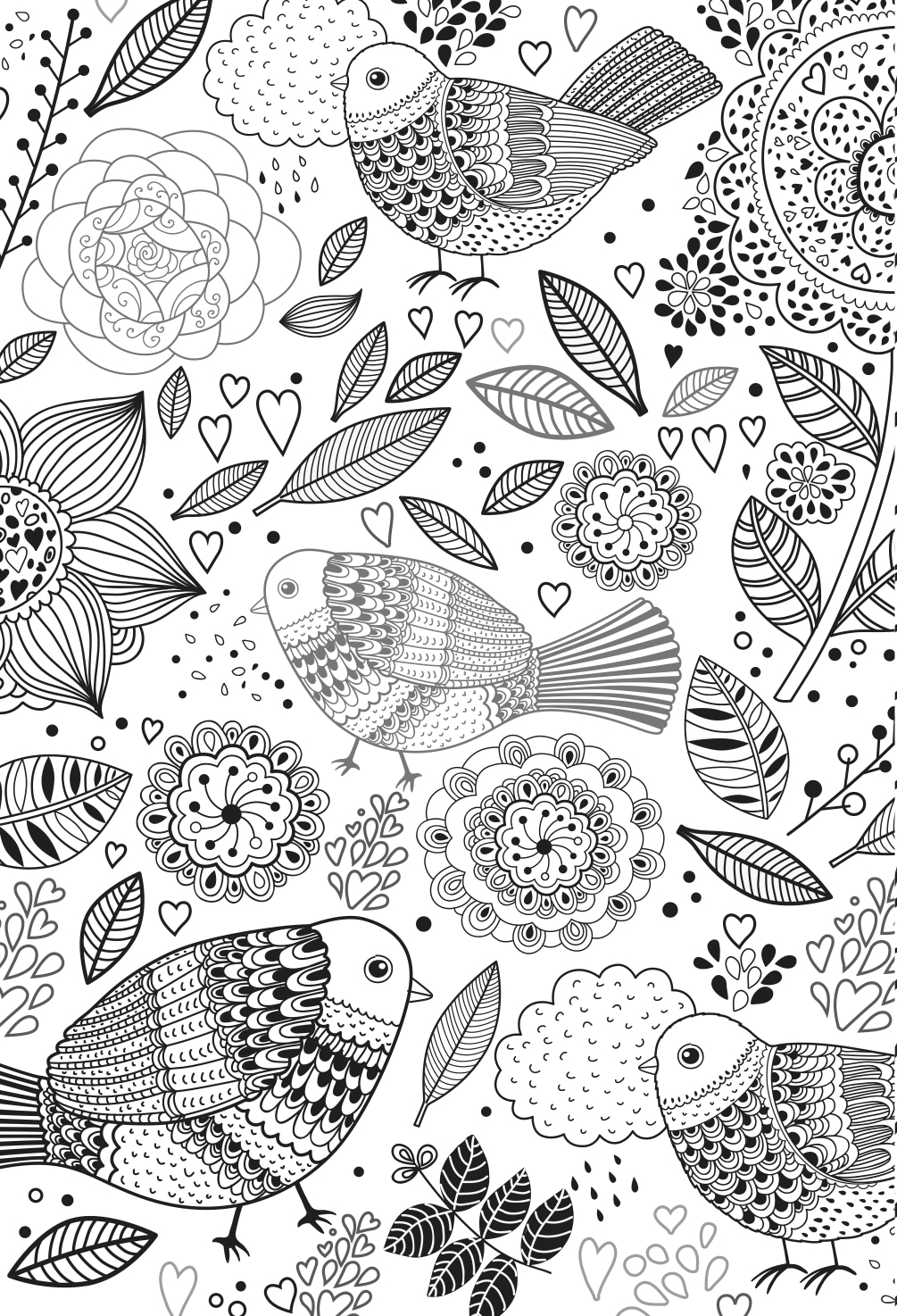 birds colouring page including mandala designs and leaves. stress relieving relaxing colouring for grown ups