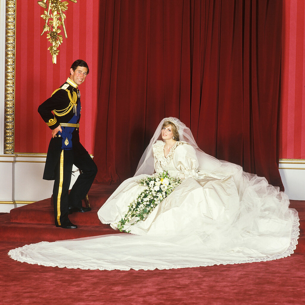 Lady Diana Spencer<br />
Yes, her puff-sleeved, ruffled, silk taffeta gown--decorated with lace, embroidery, sequins, and around 10,000 tiny pearls--wasn't exactly understated. But then neither was anything else about Diana's royal wedding to Prince Charles in