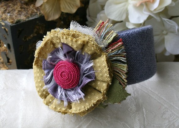 Headband Hair Flower Fascinator Yellow Polka Dot with Fushia Button