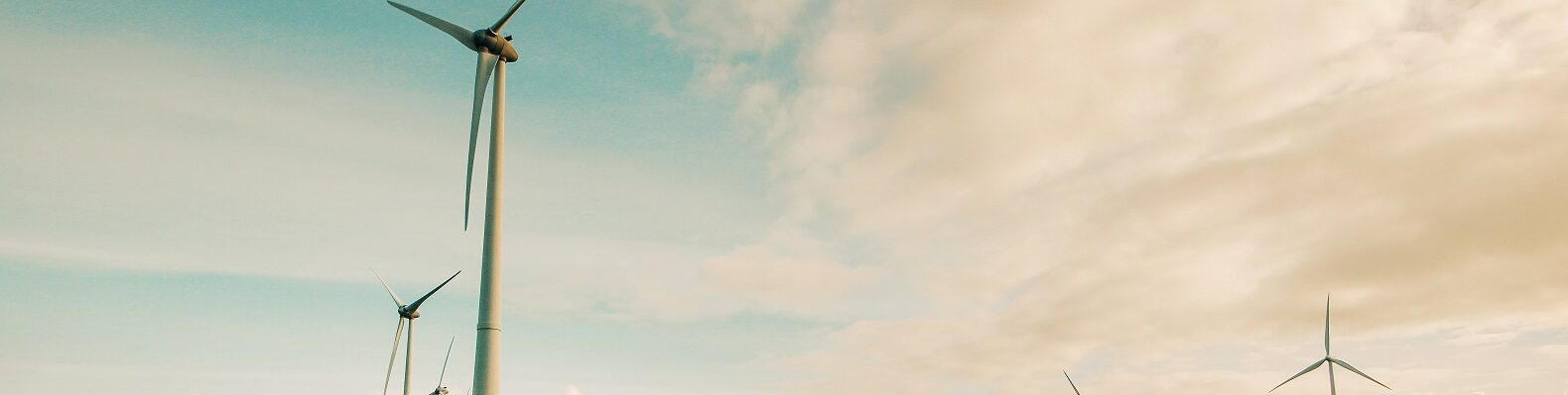 Two rows of wind turbines against a blue and cloud sky