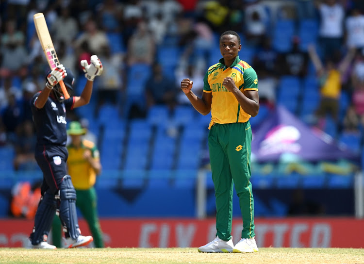 Kagiso Rabada celebrates taking the wicket of Harmeet Singh at Sir Vivian Richards Stadium on Wednesday.