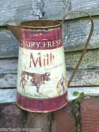 VINTAGE SHABBY METAL JUG DAIRY FRESH MILK CHIC RED COUNTRY KITCHEN PITCHER | eBay