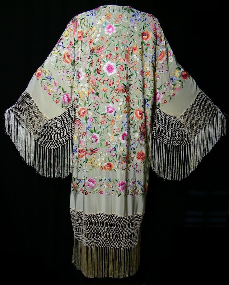 Embroidered Flamenco Silk Opera Coat Kimono Fringe Jacket Floral Vannila Multi.