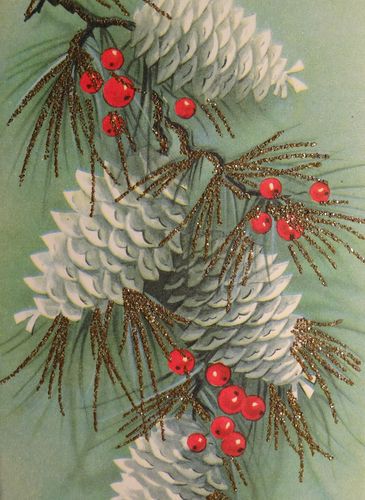 Vintage Christmas card. Pinecones