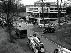 The scene after an IRA bomb exploded at the Aldershot headquarters of the Parachute Regiment,