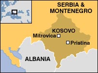 Map of Kosovo with Mitrovica and Pristina marked