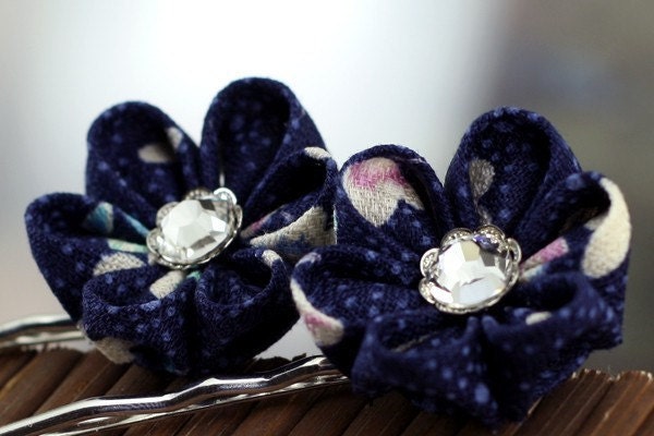 Tiny Petals on Blue - Kanzashi Flower Bobby Pins