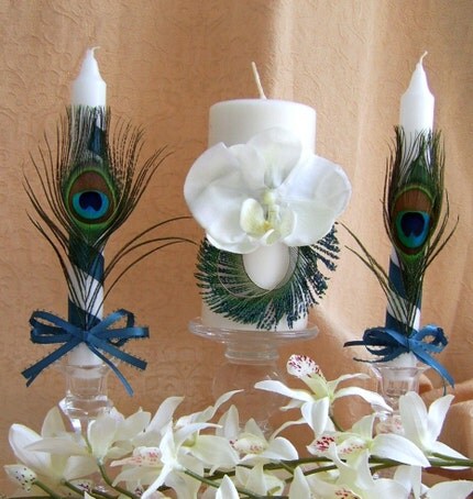 Peacock Feathers and Teal Wedding Color, Unity Candle and Tapers Set