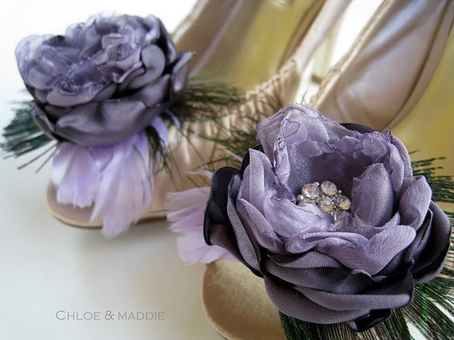 LAVENA  Amethyst flower and feather shoe clips, weddings, Special occasions, boudoir