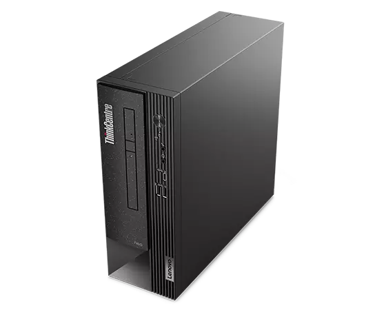 High-angle view of the ThinkCentre Neo 50s Gen 4 SFF business PC, looking down toward the top right-front corner.