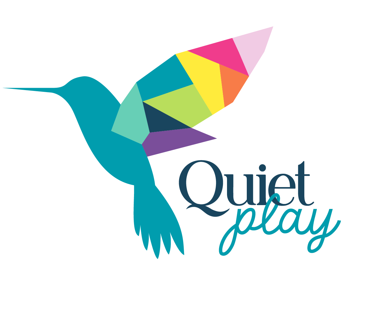 Quiet Play logo with geometric rainbow coloured hummingbird on white circle background
