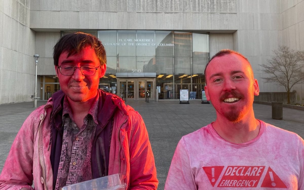 Two climate protesters were arrested after pouring red dust on themselves and the encasement holding the original copy of the U.S. Constitution in the National Archives’ rotunda Feb. 14.
