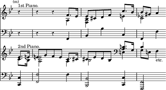 { << \new Staff << \override Score.Rest #'style = #'classical \override Score.TimeSignature #'stencil = ##f \mark \markup \small "(m)" \key bes \major \time 3/4 \partial 4
 \new Voice \relative f' { \stemUp
  r4^"1st Piano." | r r f8. ees16 |
  ees8[ cis d f] c'8. bes16 | bes8 gis a4 }
 \new Voice \relative a { \stemDown
  s4 | s2 a4 | <bes f> s e | <ees! c>2 } >>
\new Staff { \clef bass \key bes \major r4 r r f, bes, bes c f, f }
\new Staff << \key bes \major
 \new Voice \relative e' { \stemUp
  ees8.^"2nd Piano." e16 | e8[ g f e] c8. cis16 |
  cis8[ ees d bes] \clef bass <c a>8. g16 | c4 }
 \new Voice \relative c' { \stemDown
  c8. bes16 | <a e'>2 a4 | bes2 e,4 | g8 e f4_"etc." } >>
\new Staff { \clef bass \key bes \major
 <c c,>4 | <f f,>2 f4 | <bes, bes,,>2 <c c,>4 | <f, f,,>2 } >> }