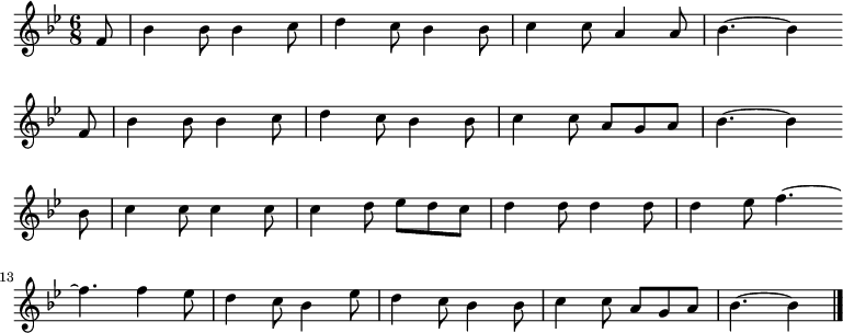 
\new Staff <<
\clef treble \key bes \major {
      \time 6/8 \partial 8
      \relative f' { \set Staff.midiInstrument = #"flute"
	f8 | bes4 bes8 bes4 c8 | d4 c8 bes4 bes8 | c4 c8 a4 a8 | bes4.~ bes4 \bar"" \break
        f8 | bes4 bes8 bes4 c8 | d4 c8 bes4 bes8 | c4 c8 a g a | bes4.~ bes4 \bar"" \break
        bes8 | c4 c8 c4 c8 | c4 d8 es d c | d4 d8 d4 d8 | d4 es8 f4.~ \bar"" \break
        f4. f4 es8 | d4 c8 bes4 es8 | d4 c8 bes4 bes8 | c4 c8 a g a | bes4.~ bes4 \bar"|."
      }
    }
%\new Lyrics \lyricmode {
%}
>>
\layout { indent = #0 }
\midi { \tempo 4. = 80 }
